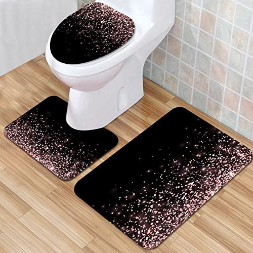 Bathroom Mat, Bathroom Non-slip Mat,Rose Gold Falling Glitter on Black Background,Bath Mat Set 3 Pieces Absorbent Non-Slip Bath Mat Toilet Rug Bath Rug for Bathroom, Bedr