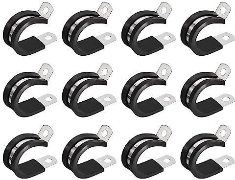 sourcing map 12Pcs 7/8 Inch(22mm) Cable Clamp 304 Stainless Steel Rubber Cushioned Insulated Clamp R Shape Metal Clamp for Tube Pipe Wire
