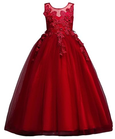 DISSA Robe Fille sans Manches Tulle Dentelle Fête,4-14 Ans | surjet dentelle délicat,nœud classique dos,fermeture cachée,jupe fluide complète,mariage,fête,anniversaire