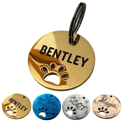 UNIKTAG Medalla de acero inoxidable para perros, medalla grabada, etiqueta de identificación personalizable, medallón grabado (oro)