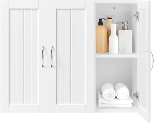 Yaheetech Armoire de Toilette, Meuble WC Suspendu Bois, Armoire Murale Rangement Salle de Bain avec Étagères Réglables, Meuble Rangement Cuisine/Salon/Entrée 75×60×31cm Blanc