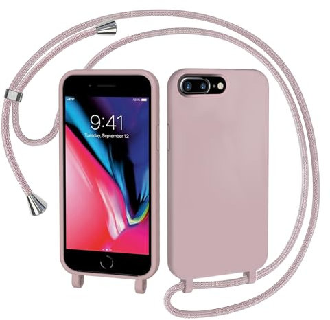 AOMYKE Coque pour iPhone 6 Plus/iPhone 7 Plus/iPhone 8 Plus avec Cordon, Collier Étui Silicone Liquide avec Tour de Cou Lanière en Corde Souple TPU Antichoc Housse - Rose