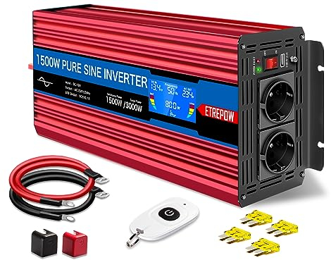 ETREPOW Convertisseur 12v 220v 230v Pur Sinus 1500W Onduleur Transformateur de Tension, 1 Port USB et 2 Prises EU, télécommande sans Fil et écran LCD avec Multi Protections et Soft Start