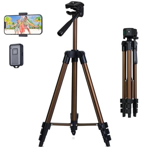 Phone Tripod, LINKCOOL 50 Aluminum Lightweight Portable Camera Tripod for iPhone/Samsung Smartphone/Action Camera/Small DSLR Camera, With Phone Holder & Wireless Remote (Gold Brown)