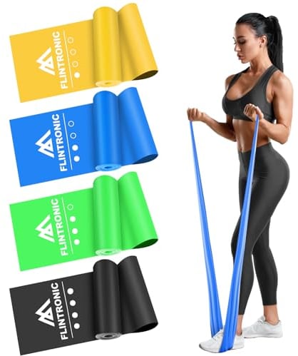 flintronic Fitnessbänder 4er-Set, 1.5m Gymnastikband mit 4 Widerstandsstufen, Gymnastikband Resistance Bands für Crossfit, Pilates, Yoga, Krafttraining, Physiotherapie (Blau+ Grün+ Gelb+ Schwarz)