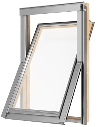 BAUBAY 78 x 98 cm tragaluz de madera | Ventana con doble acristalamiento | Ventana inclinada | Incluye marco para tejas, nivel de ladrillo, cola de castor (hasta 50 mm)