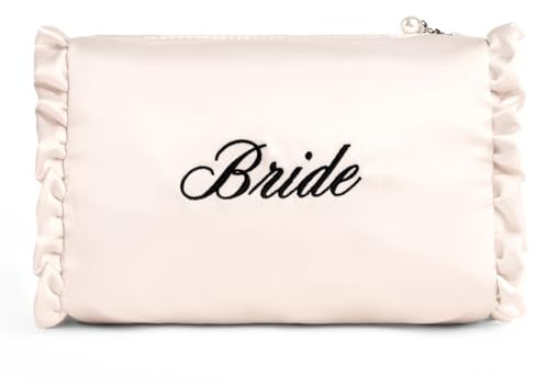 xo, Fetti White Satin Bride Cosmetic Bag | Bachelorette Party Decorations, Bride to Be Purse, Bridal Shower Accessory, GRWM Makeup Bag