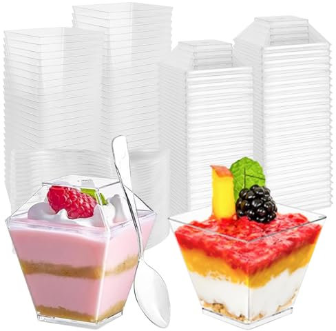 50 vasos de postre de plástico, 60 ml/2oz cuencos cuadrados de postre con cuchara y tapa, vasos de postre transparentes reutilizables pequeños vasos de postre para pudin, mousse, helados, postres
