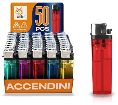 Akitaink 50 PZ Accendini in Plastica trasparenti, Colori assortiti, Accendino sicuro - Box da 50 Non Ricaricabile