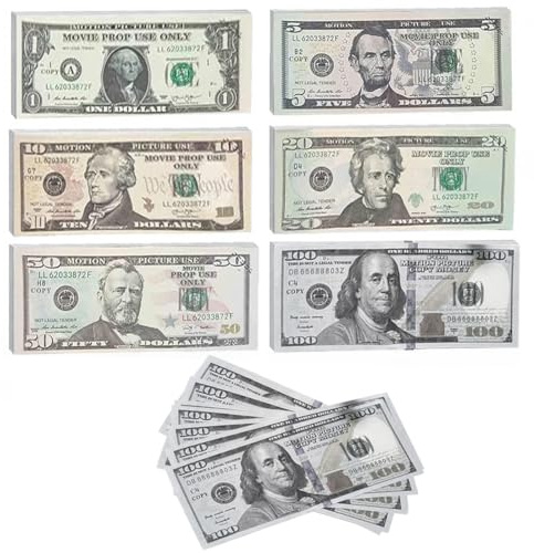 Prop Money Dollar 120 Scheine – Enthält 6 Werte Spielgeld Dollar (1$ 5$ 10$ 20$ 50$ 100$ ), Copy Money, Falschgeld für Party Money Gun, Film Play Geldscheine Toy