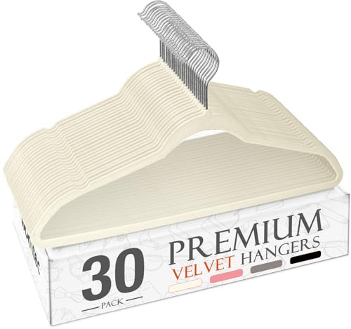 Wohntec Kleiderbügel Samt 30 Stück - Kleiderbügel Platzsparend, Bügel rutschfest und Belastbar, 360° Drehbar Hangers - für Hemden, Anzüge, Pullover, Hosen, Elfenbein
