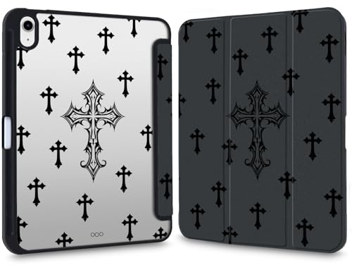VibrantFruitique Y2k Gothic Case for iPad (A16) 11th Gen 2025 11/10th Gen 2022 10.9 Goth Cross Clear Hard Back Hybrid Case,with Pencil Holder Trifold Stand Slim Tablet Cover for Women