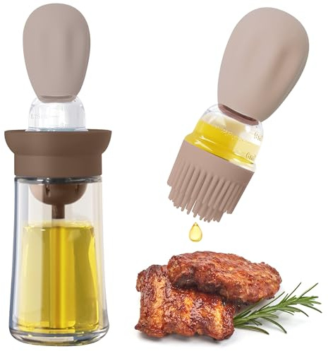 Uryxery Oil Dispenser with 3-Layer Brush, 180ml Sky Blue Glass Olive Bottle for Kitchen, Adjustable Press Sprayer for BBQ, Cooking, Baking (brown)