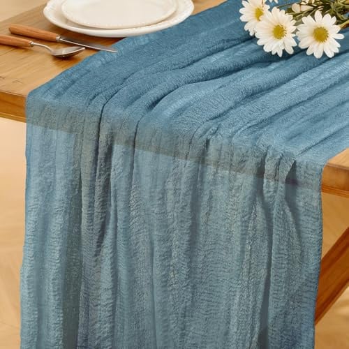 Mode Boho Tischläufer Hellblau, 280 X 80 cm Tischläufer aus Käsetuch Waschbar Rustikaler Läufer für Hochzeit, Silvesterparty, Babyparty, Brautparty Küche Tisch Dekoration