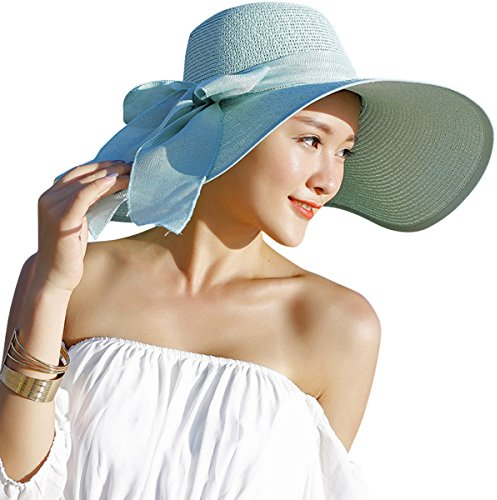 Lanzom Sombrero de paja con lazo grande para mujer de 5.7 pulgadas, grande, plegable, enrollable, para playa, sombrero de sol UPF 50+, Verde, Talla única