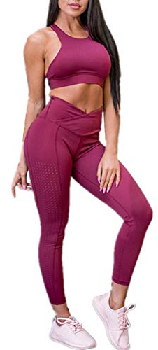 FANSU Donna Tuta da Ginnastica 2 Pezzi, Sexy Gilet Top & Elasticità Pantaloni Vita Alta Abbigliamento Sportivo Colore Splicing Moda Yoga Sportiva Fitness Jogging Tuta (M,vino rosso)
