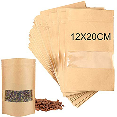 50PCS 360g Self-Sealing Kraft Paper Bags Reusable Seal Pouches with Notch and Matte Window 4.7x7.8 Inch/12x20CM