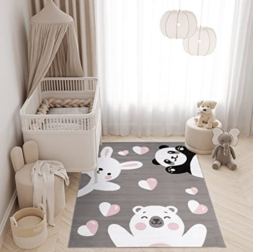TAPISO Pinky Teppich Kurzflor Grau Schwarz Weiß Rosa Modern Panda Bär Teddy Eisbär Hase Tiere Design Kinderzimmer Kinderteppich ÖKOTEX 140 x 200 cm