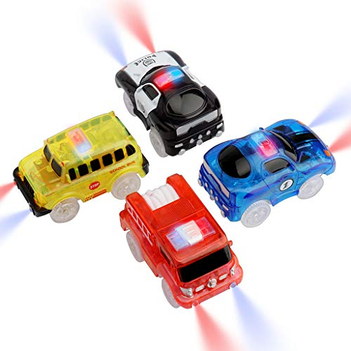 sikkeby Tracks Cars, 4 Pack Circuit Voiture Enfant avec 5 flashs LED, Rail Voiture Jouet Brille dans l'obscurité, Compatible avec la Plupart des Pistes pour Enfants, garçons et Filles