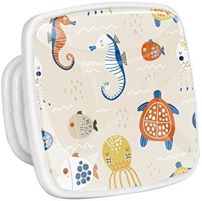 Adamion Fluoreszierend Schrankknöpfe Schildkröte Seepferdchen Fisch Möbelknöpfe Quadrat Weiß Türknauf Für Kinderzimmer Dekoration Schrankgriffe Schubladengriffe (4Er-Pack) 3x2.1x2 cm