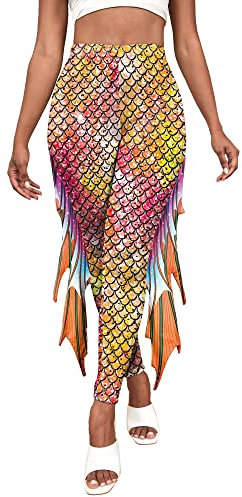 Meerjungfrauen-Leggings für Frauen, 3D-gedruckte Fischschuppenhose mit Flossen, Meerjungfrauenschwanz-Kostüm, hohe Taille, Drachen-Druck, Leggings, A Orange, S