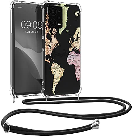 kwmobile Necklace Case kompatibel mit Xiaomi Redmi Note 12 5G / Poco X5 5G Hülle - Silikon Cover mit Handykette - Schwarz Mehrfarbig Transparent Travel Schriftzug