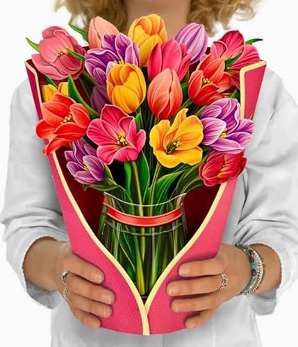 Veroda 3D Pop Up Blumenstrauß Grußkarte mit Notizkarte und Umschlag 12 Zoll Papier für immer Blumengeschenk für Liebhaber Mama Freunde (Festival Tulpen)