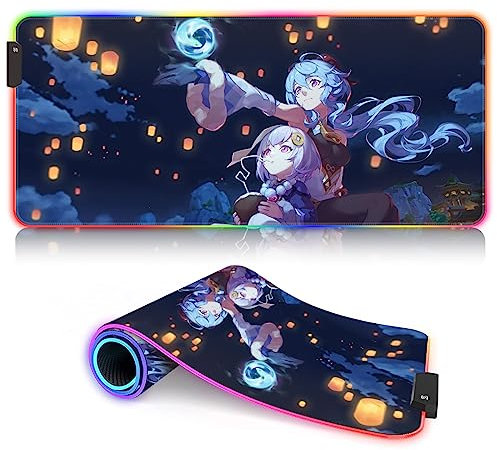 Tapis de Souris pour XXXL Genshin Impact LED Big Mousepad RGB Jeu d'aventure 7 Couleurs et 12 Modes (40x90cm)