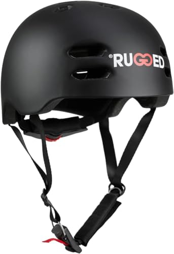 Rugged Leichter Inmold Helm I Grössenverstellbar I Magnetverschluss I belüftet für Stunt-Scooter I Skateboard I Inlineskates I Fahrrad I BMX I Dirt I E-Scooter (Schwarz, L = (58-61cm)
