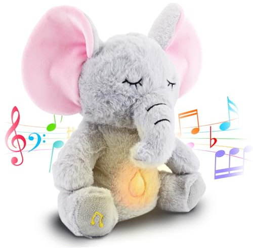 Baby-Soundmaschine, beruhigender Otter, tragbarer Plüsch-Baby-Schlafschnuller mit sensorischen Details, Musiklichtern und rhythmischen Atembewegungen, Geschenk für Babypartys (grauer Elefant, 30 x