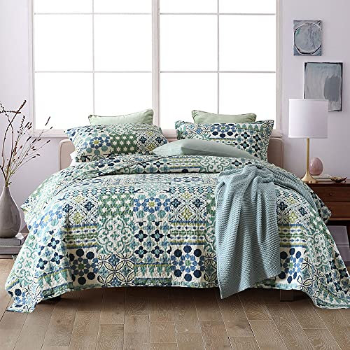 VISIMISI Tagesdecke 220x240cm Baumwolle Bettüberwurf, Bettdecke mit 2 Kissenbezüge, Blumen Böhmen Stil Steppdecke Gesteppte für Doppelbett (Grün Böhmisch, 230x250cm)