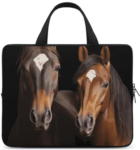 Laptop-Tragetasche, 33 cm (13 Zoll), zwei Pferde auf schwarzem Hintergrund, Laptoptasche für Männer und Frauen, Computertasche, Kuriertasche für die Arbeit, zwei Pferde stehen auf schwarzem