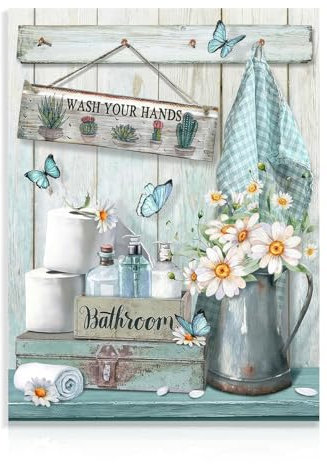 Dazzlewall Decorazione Artistica da Parete per Bagno in Fattoria, Quadro Rustico con Fiori e Farfalle di Colore Verde Acqua, Lavarsi le Mani - Opera d'arte per Bagno 30x40 cm Senza Cornice