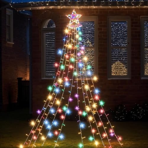 GloBrite Outdoor Waterfall LED Christmas Curtain Tree - Fairy Lights Mains Powered, Hanging Window Lights Christmas Tree Lights Plug in 350 LED (Multi-Coloured LEDs)