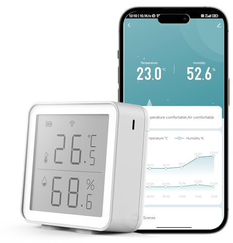 Aideepen Smart WiFi Thermometer-Hygrometer Innen, Mini Temperatur- und Luftfeuchtigkeitssensor mit APP-Alarm, Kompatibel mit Alexa/Google Home, HD-Display (ohne Batterien)