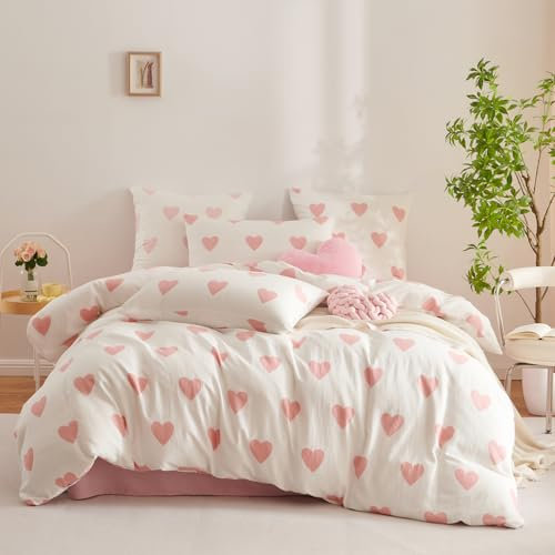 Covebett Doppelte Musselin Bettwäsche 135x200 Baumwolle Rosa Herzen Herz Weich Renforce Baumwollbettwäsche Set Herzchen Rosa Weiß ÖKO-TEX Bettbezug mit Reißverschluss und Kissenbezug 80x80 cm