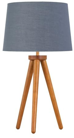 Modern Dark Oak Table Lamp or Bedside Light, Wood Tripod Design, Grey and Gold Inner Shade