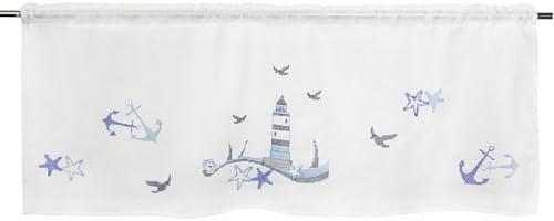 Delindo Lifestyle Scheibengardine Leuchtturm-Motiv, Moderne und transparente Bistrogardine, weiß-blau, für Küche und Bad, 45x115 cm