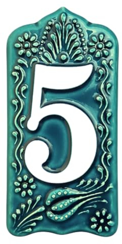 Ceramic House Number Tile – Custom Outdoor Address Sign – Turkish Iznik Art – Weatherproof Door Decor – 0 to 9 Digits (Green, 5)