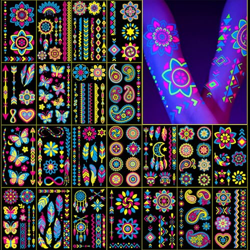 Tatuajes temporales con efecto UV de luz negra, 192 unidades en 32 hojas, fluorescentes, mandala, flores bohemias y mariposas, para fiestas y festivales
