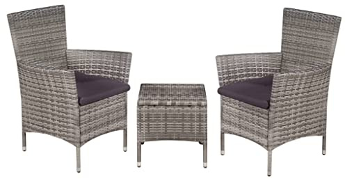 Ziaphsol 3-TLG. Bistro-Set Poly Rattan Grau, Gartenmöbel mit Couchtisch, 2 Stühlen, Sitzkissen, für Terrasse Balkon Outdoor, wetterfest