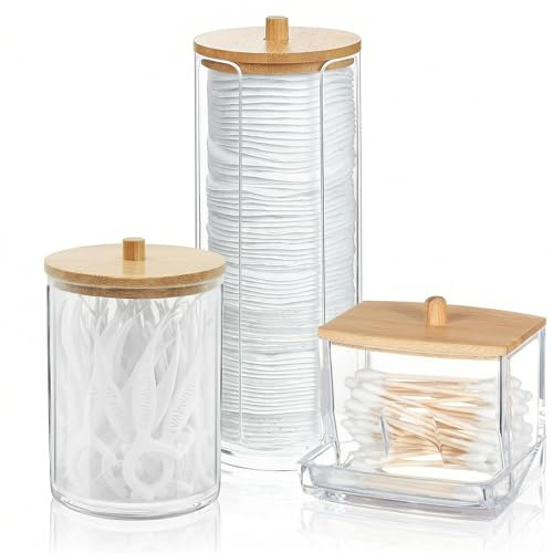 3 Stück Wattestäbchen Behälter, Wattepadspender, Wattepads Aufbewahrung mit Bambus Deckeln, Wattestäbchen Halter, Wattestäbchen Behälter, Wattepadspender für Wohnzimmer, Schlafzimmer, Badezimmer