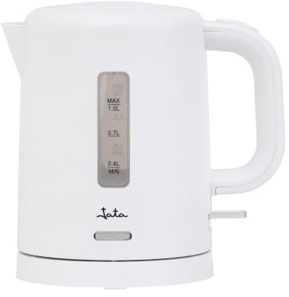 JATA JEHA1701 - Hervidor de Agua Eléctrico 1 Litro, Jarra sin Cable con Base Giratoria 360°, Apagado Automático, Protección contra Sobrecalentamiento, Visor de Agua y Recogecables, 1100 W