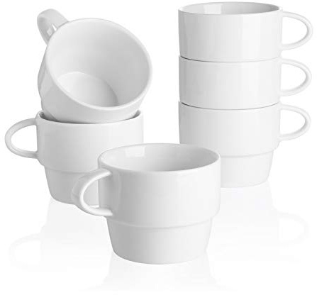Sweese Porzellanbecher – 473 ml für Kaffee, Tee, Kakao, stapelbar weiß | Stapelbare Tassen für Cappuccino, Mokka, Tee – spülmaschinenfest – ideal für Zuhause und Café, weiß
