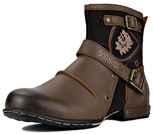 OSSTONE Chukka Stivali Cowboy Biker in Pelle Scivolare su Punta Quadrata Lunghezza di Vitello Tacco Western Uomo Stivali Invernali Piatto Caviglia Stivaletti Botas Boots 5008-1-IT Marrone 14