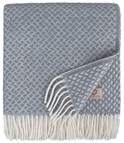 Linen & Cotton Warme Weiche Decke Wolldecke Wohndecke Kuscheldecke Sofia mit Fransen -100% Reine Neuseeland Wolle, Grau Blau (130 x 170cm) Plaid Couch Sofa Bett Wohnzimmer Blanket Schurwolle Lammwolle