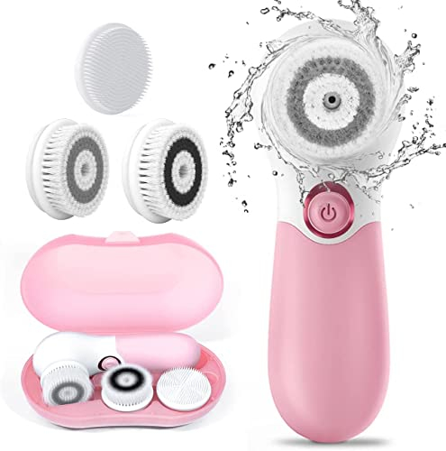 TOUCHBeauty Spazzola Elettrica per la Pulizia del Viso Spazzola Pulizia Viso Impermeabile per il Viso Detergente per il Viso Ruotabile a 360 ° con 3 Testine e Scatola di Immagazzinaggio (Rosa)