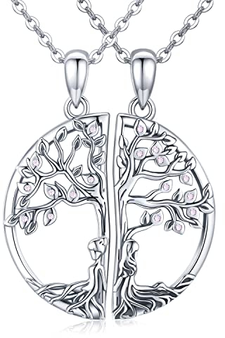 2 Stück Schwester Kette, Damen Baum des Lebens Halskette 925 Sterling Silber Schwestern Anhänger Halskette, Freundschaft Halskette Schmuck Geschenk für Frauen Mädchen Schwester Freunde (Hell Rosa)