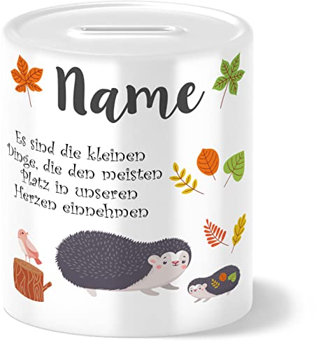 OWLBOOK® Herbst Igel Spardose Kinder personalisiert | Geschenke zur Einschulung | Taufgeschenke | Geschenk Taufe Geburt Geburtstag Junge Mädchen | Sparschwein | Sparbüchse | Wiederverschließbar