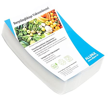 Allpax recyclebare Vakuumbeutel 15 x 20 cm, 100 Stück, umweltfreundliche Kunststoffbeutel zum Vakuumieren von Lebensmitteln, mikrowellengeeignet, passend für alle Vakuumiergeräte